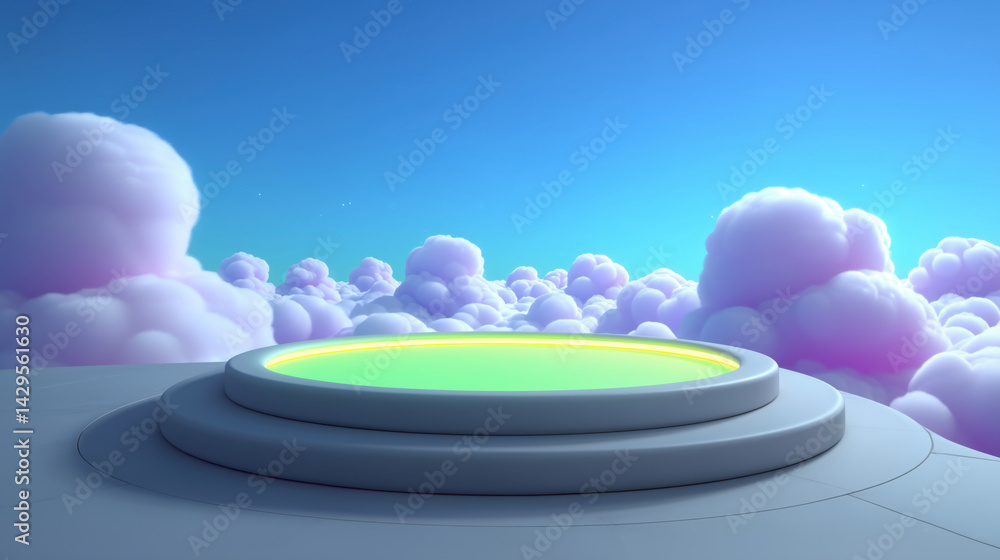 Colorful platform surrounded by fluffy clouds in a bright blue sky at sunset showcasing a dreamlike ambiance, 3d illustration.