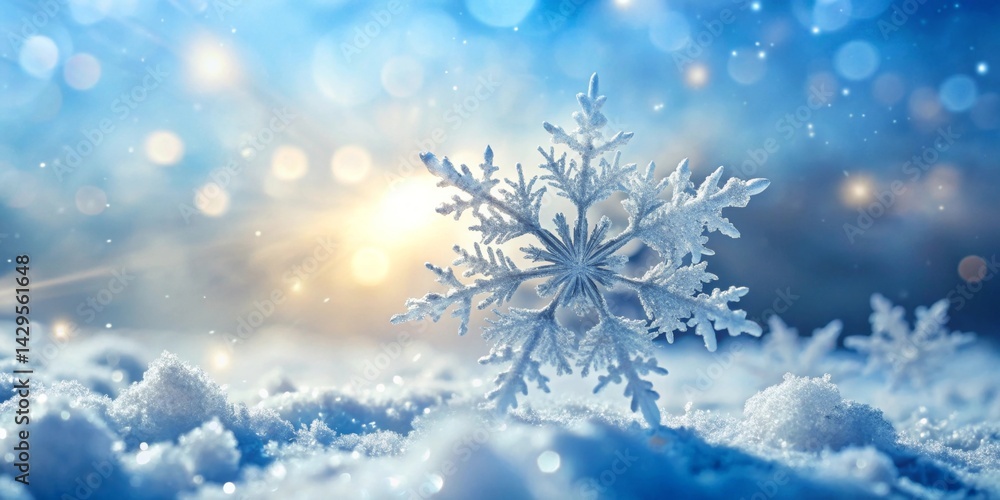 A large, intricately detailed snowflake rests gently in a bed of pristine snow, bathed in the soft, ethereal glow of a winter sunrise, creating a magical, serene winter wonderland scene. A large, intricately detailed snowflake rests gently in a bed of pristine snow, bathed in the soft, ethereal glow of a winter sunrise, creating a magical, serene winter wonderland scene.