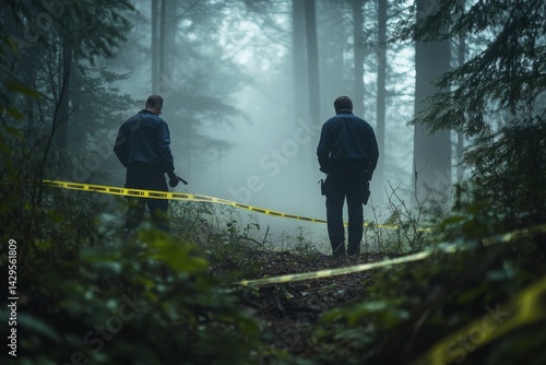 Detectives investigating crime scene in foggy forest