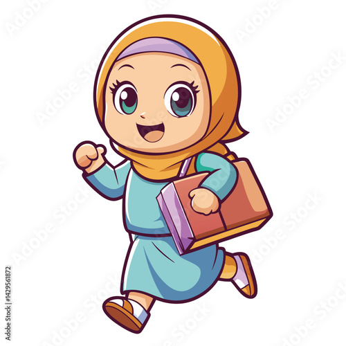 Happy cartoon girl in hijab rushing to school with books