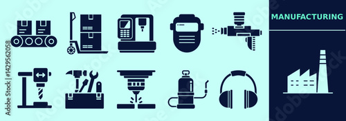 Industrial manufacturing icon set with factory, conveyor belt, boxes, dolly, cutter, drill machine, laser, tool box, painting spray, welding tank and mask. Editable elements, size and color.