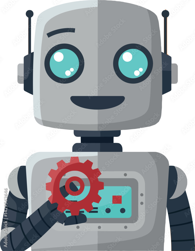 Fototapeta premium Friendly gray robot holding red gear with blue screen vector illustration 