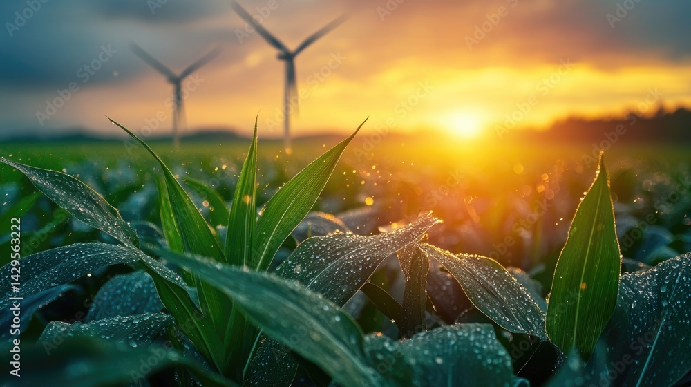 renewable energy solutions, sustainable energy at agriculture farm. wind turbines at green maize or or corn field with blurred wind turbines at background.