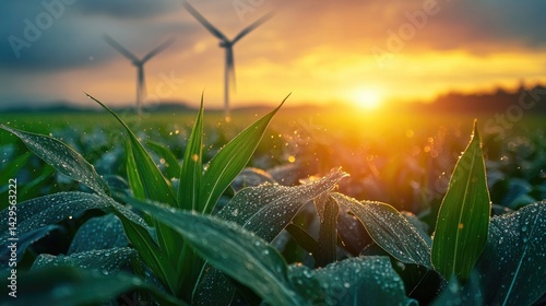Obraz na płótnie renewable energy solutions, sustainable energy at agriculture farm. wind turbines at green maize or or corn field with blurred wind turbines at background. w salonie