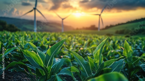 Obraz na płótnie renewable energy solutions, sustainable energy at agriculture farm. wind turbines at green maize or or corn field with blurred wind turbines at background. w salonie