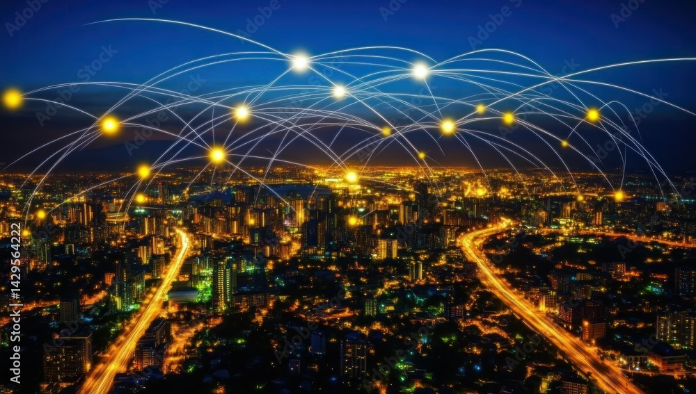 Fototapeta premium Night City Network Connections.