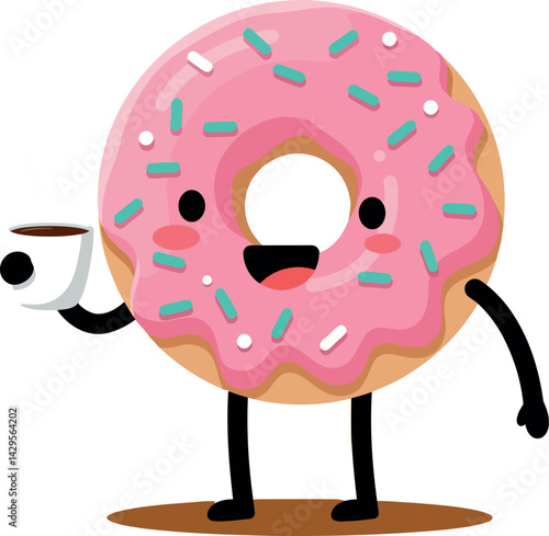 Happy donut character with pink icing holding coffee cup cute food illustration 