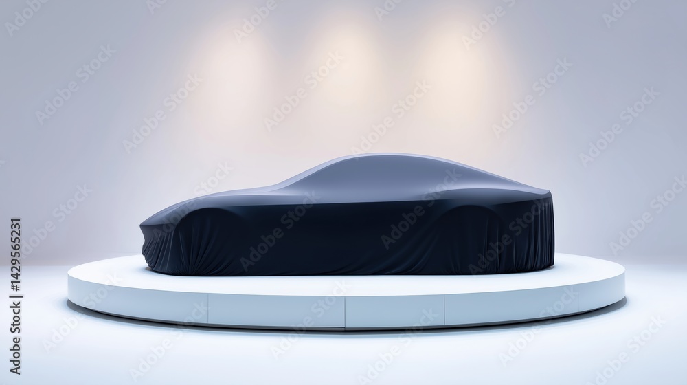 New car reveal at a high-tech exhibition with a sleek design covered by a black cloth.