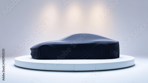 Obraz na płótnie New car reveal at a high-tech exhibition with a sleek design covered by a black cloth. w salonie