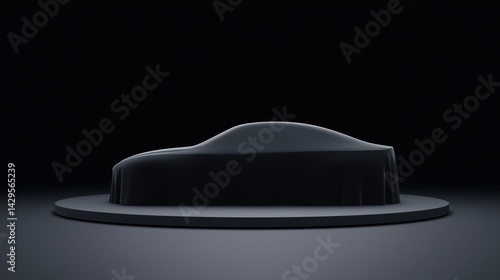 Obraz na płótnie Sleek car covered with a cloth in a dimly lit studio revealing an aura of anticipation and design. w salonie
