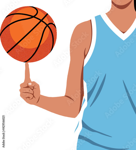 Basketball player spinning orange basketball on finger in blue jersey vector illustration 