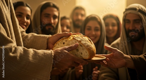 Jesus breaking bread with his disciples, a sacred moment of communion and sharing. The image conveys a sense of unity, love, and spiritual nourishment, symbolizing the strength and power of faith.