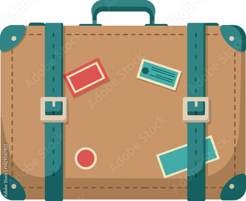 Vintage brown suitcase with travel stickers and teal straps vector illustration 