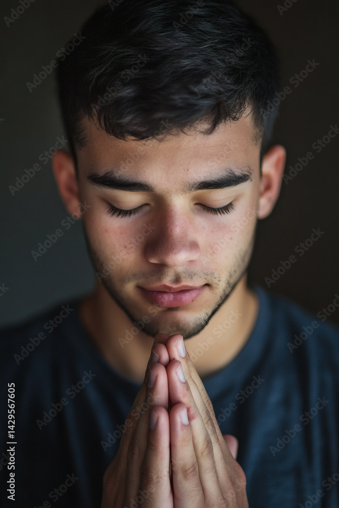 A young man praying with his eyes closed A young man praying with his eyes closed