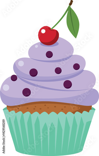 Cupcake with purple frosting and cherry on top vector illustration dessert sweet treat 