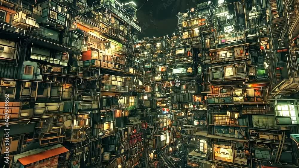 Urban Maze: Densely Packed Housing in a Futuristic Metropolis Landscape View Urban Maze: Densely Packed Housing in a Futuristic Metropolis Landscape View
