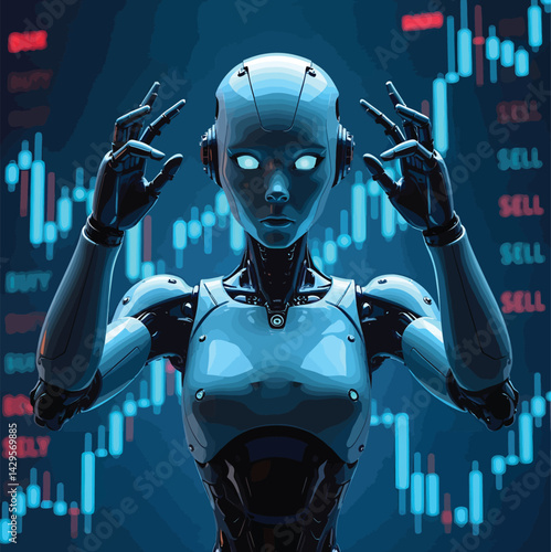 A futuristic female robot analyzes stock market data, displayed as candlestick charts with buysell signals. The robots hands are raised in a thoughtful pose.