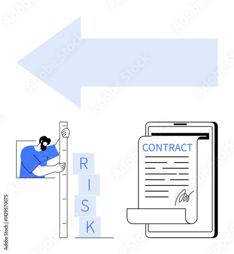 Man measuring risk blocks, digital contract on tablet with arrow for direction. Ideal for risk analysis, contract management, business strategy, legal services, decision-making, digital workflows