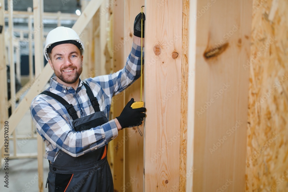 A carpenter works on the construction of modular houses A carpenter works on the construction of modular houses