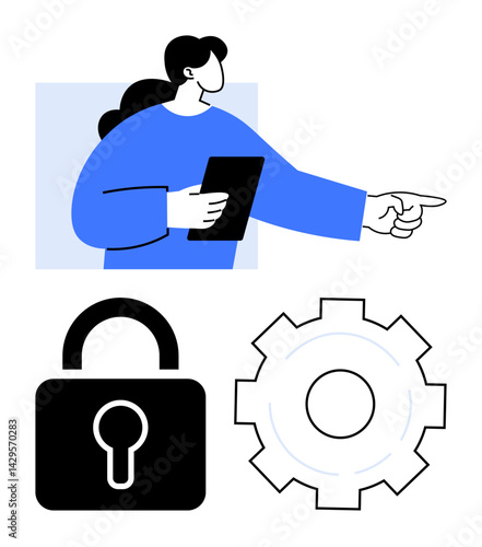 Woman holding tablet pointing to direction, alongside a lock and gear. Ideal for cybersecurity, privacy, configuration, guidance, teamwork, data protection, simple landing page