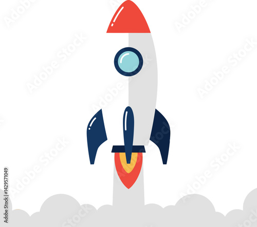 Rocket launching with smoke and fire in flat vector illustration style 