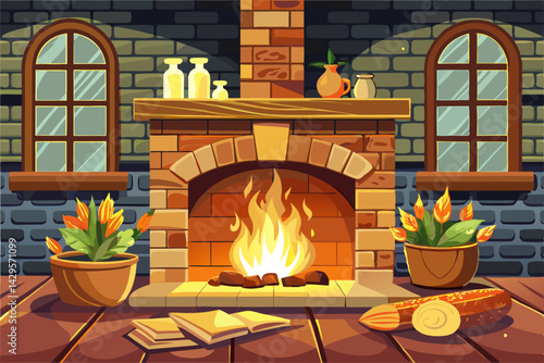 vector of Cozy fireplace. Burning logs, fire bricks background