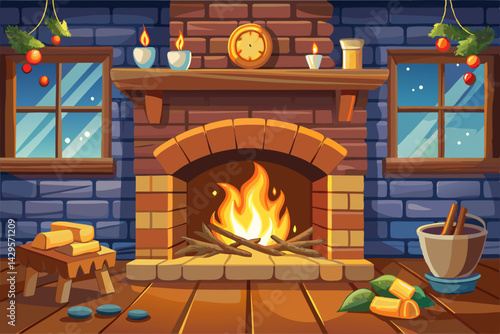 vector of Cozy fireplace. Burning logs, fire bricks background
