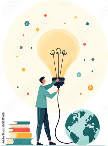 Illustration of man with lightbulb idea connecting to globe world innovation and knowledge concept