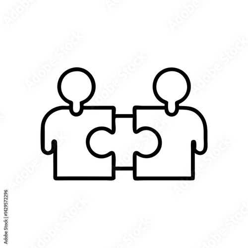 Two people connecting puzzle pieces, minimal black outline, teamwork and unity concept