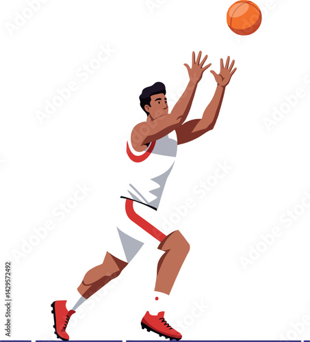 Male Basketball Player Shooting Ball in White Uniform and Red Shoes Vector Illustration 