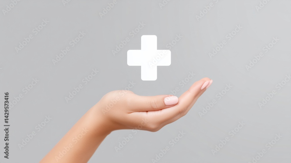 Hand reaching out with a medical cross symbol in a minimalistic grey background setting.