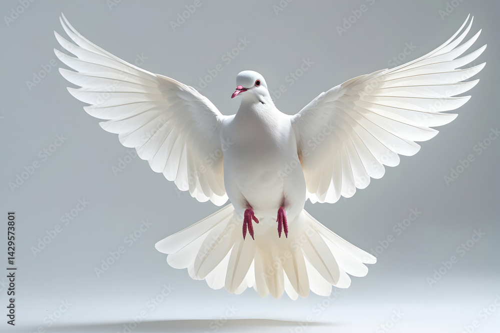 Obraz premium White Dove in Flight Isolated on White for Peace and Freedom Concepts Featuring a Pure Bird with Wings Spread Wide in a Graceful Flying Pose for Spirituality Imagery: White, Dove, Flight, Isolated.