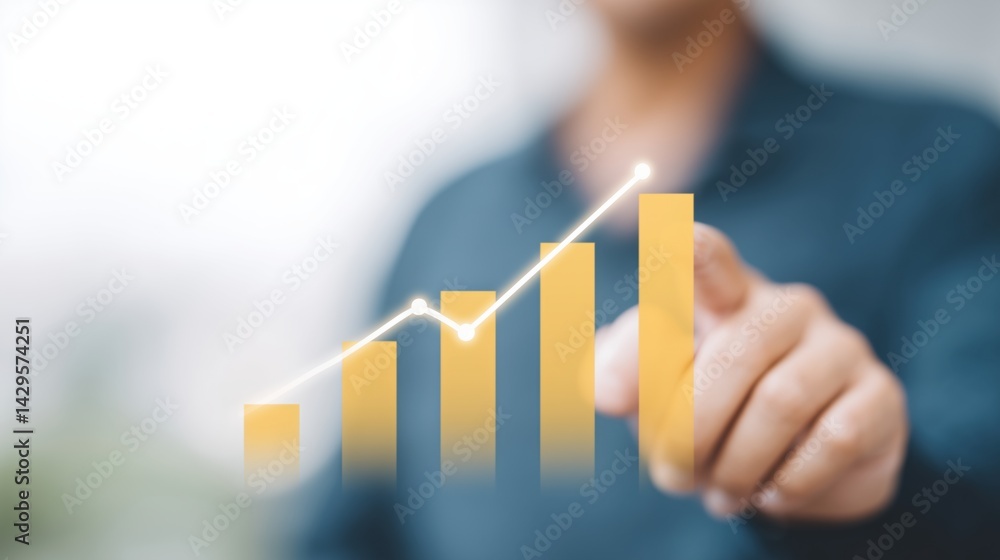 Business professional interacts with digital growth chart in modern office during daytime.