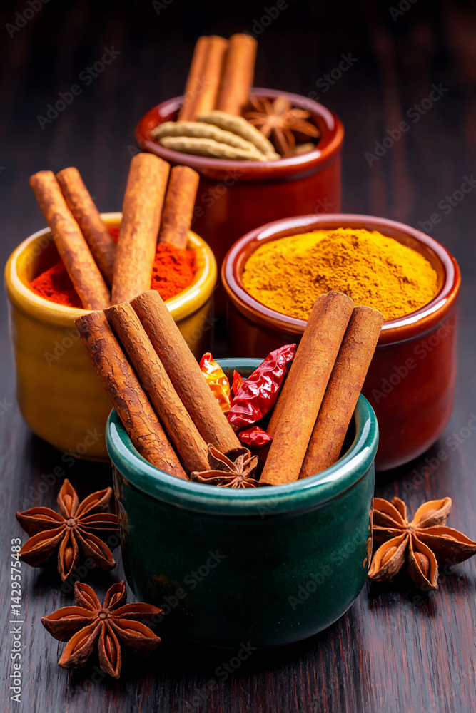 aromatic still life of spices in ceramic bowls, aromatic still life of spices in ceramic bowls,
