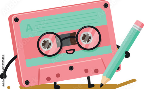 Retro pink cassette tape character writing with pencil cute cartoon vector illustration 
