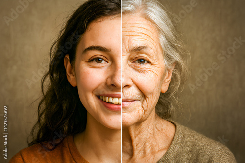 portrait of young woman and old woman, split screen comparison