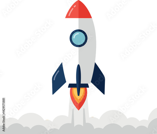 Rocket launching with red nose cone and blue fins vector illustration for space concept 