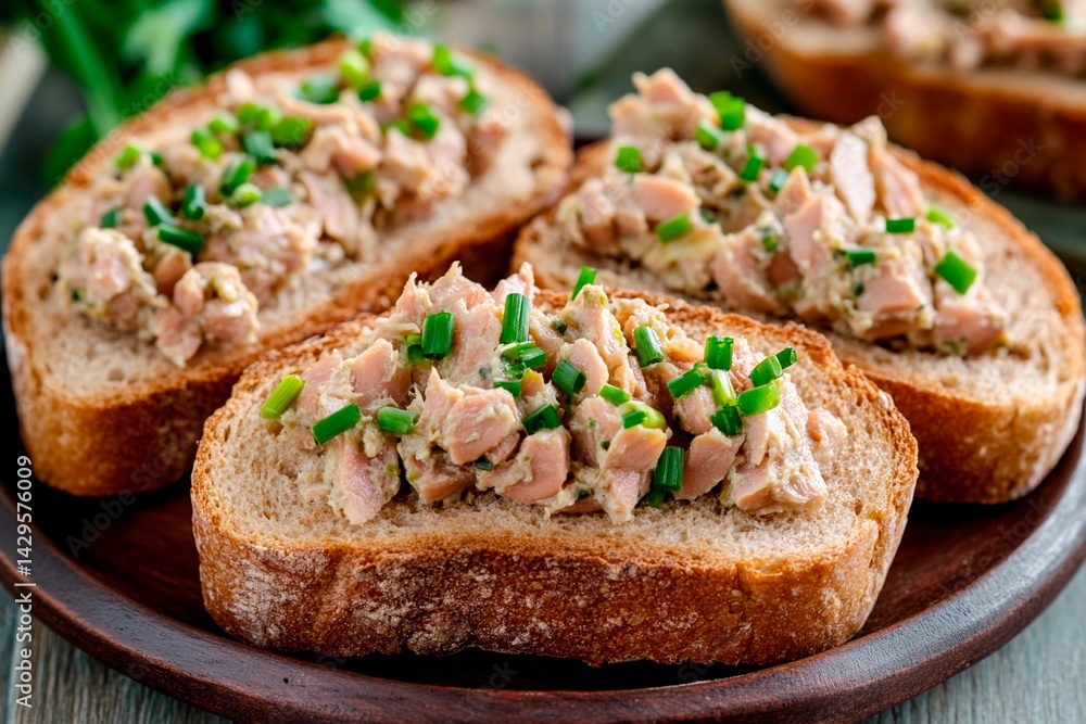 A plate features slices of whole grain bread topped with flavorful tuna salad and garnished with chopped green onions. The rustic kitchen ambiance enhances the meal's appeal A plate features slices of whole grain bread topped with flavorful tuna salad and garnished with chopped green onions. The rustic kitchen ambiance enhances the meal's appeal