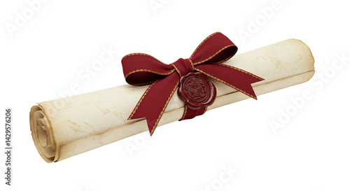 royal scroll with ribbon and old wax seal isolated