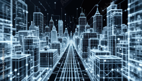 Futuristic Digital Cityscape at Night Wireframe Design