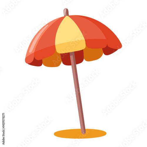 Beach umbrella with red and yellow panels on sand. Cartoon vector illustration on white background.