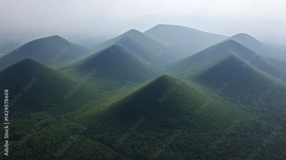 Fototapeta premium Aerial View of Lush Green Pyramid Mountains
