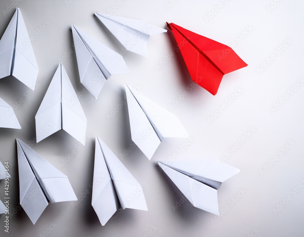 Fototapeta premium Red paper airplane leading white fleet: innovation and leadership concept