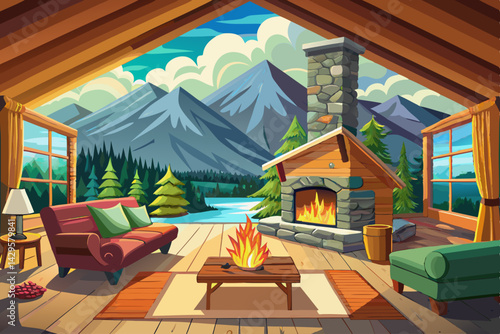 vector of Cozy log cabin interior with stone fireplace and mountain view.