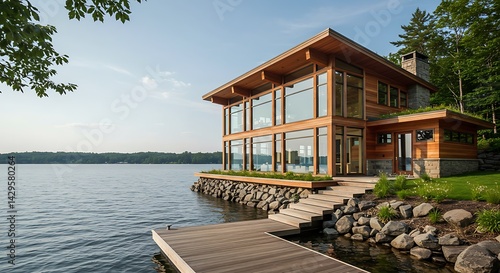 Contemporary lake house with full-height glass walls, cedar and stone exterior, green roof, floating steps to dock, overlooking the water with crisp summer light and soft focus luxury architectural.