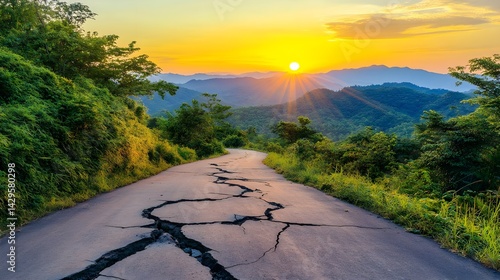 Cracked Asphalt Road Leading Towards Majestic Mountain Sunset