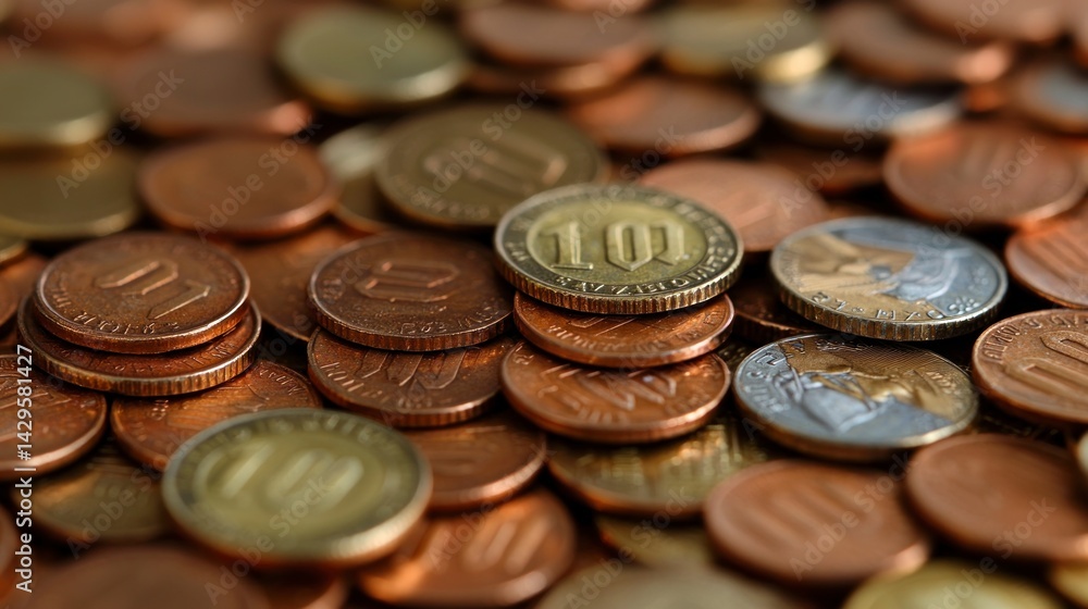 A close-up of assorted shiny copper and gold coins A close-up of assorted shiny copper and gold coins