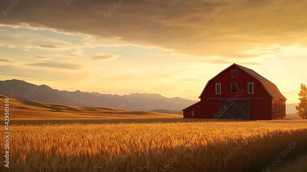 A golden wheat field and a vibrant red barn at tranquil sunset. A golden wheat field and a vibrant red barn at tranquil sunset.