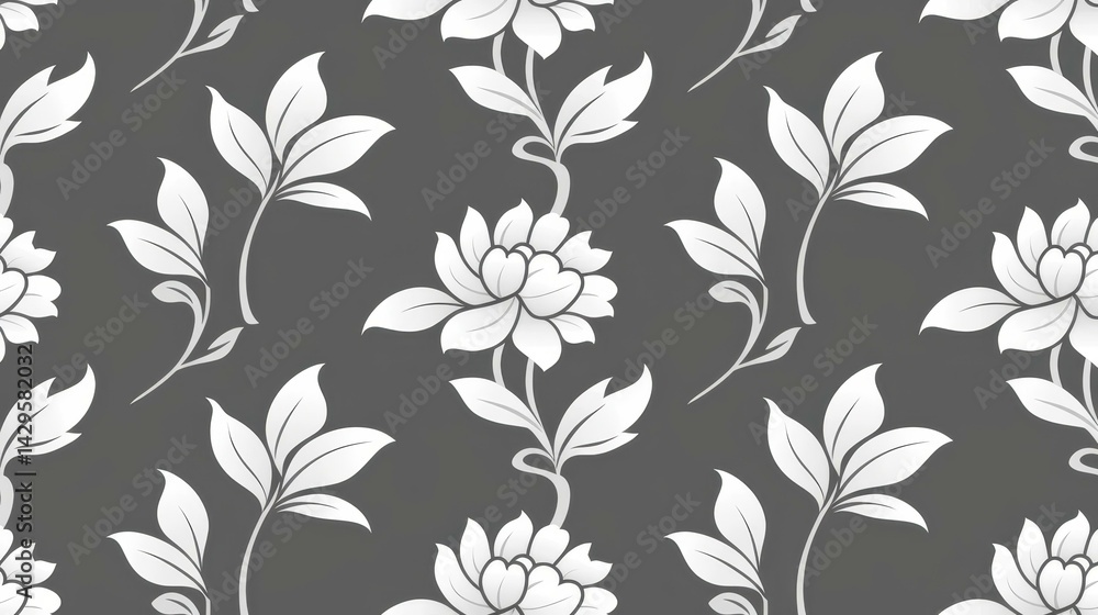 This seamless vector pattern features a modern floral design with peonies and geometric shapes on a soft gray backdrop. This seamless vector pattern features a modern floral design with peonies and geometric shapes on a soft gray backdrop.