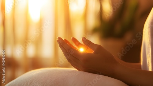 Wallpaper Mural A peaceful sunrise meditation session with hands clasped in focused posture. Torontodigital.ca